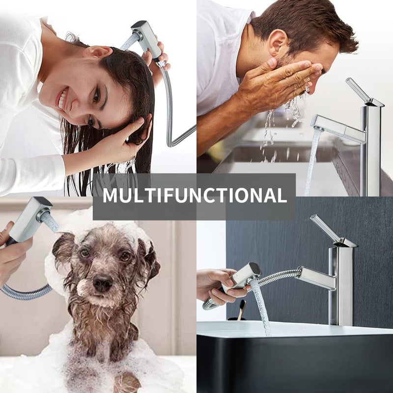 KAIYING Pull Down Vessel Sink Faucet, Single Handle Tall Bathroom Faucet with Pull Out Sprayer, Single Hole High Vanity Basin Mixer Tap, Lavatory Utility Sink Faucets (Tall, Brushed Nickel) - Image 2